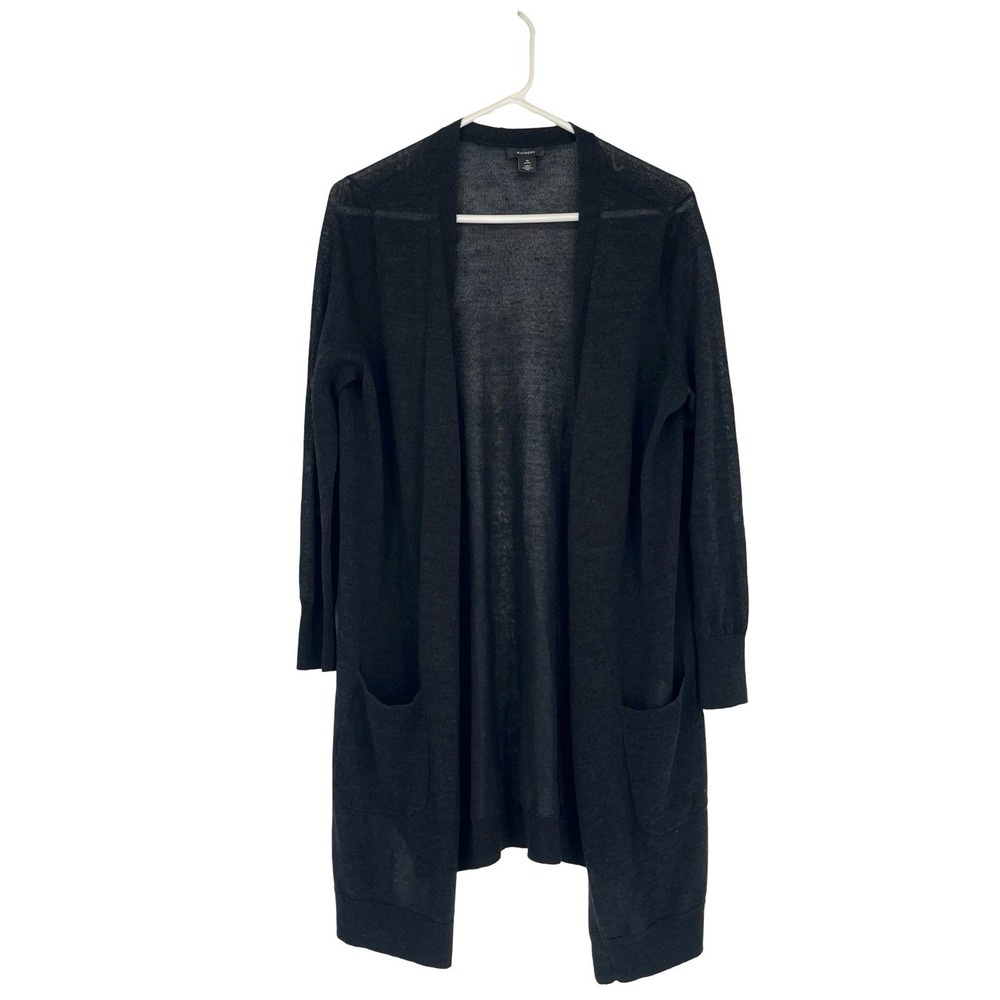 Halogen Women's M Petite Black Linen Blend Long Open Front Cardigan Duster